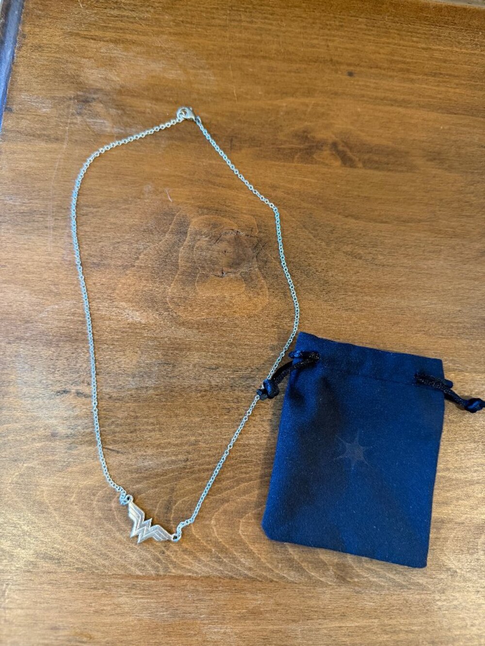 Wonder Woman Logo Necklace with Jewelry Bag • Silver Tone • 20” Chain